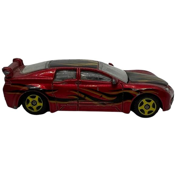 Red Diecast Toy Car with Yellow Flame Decals & Rear Spoiler 1:64 - Picture 4 of 7